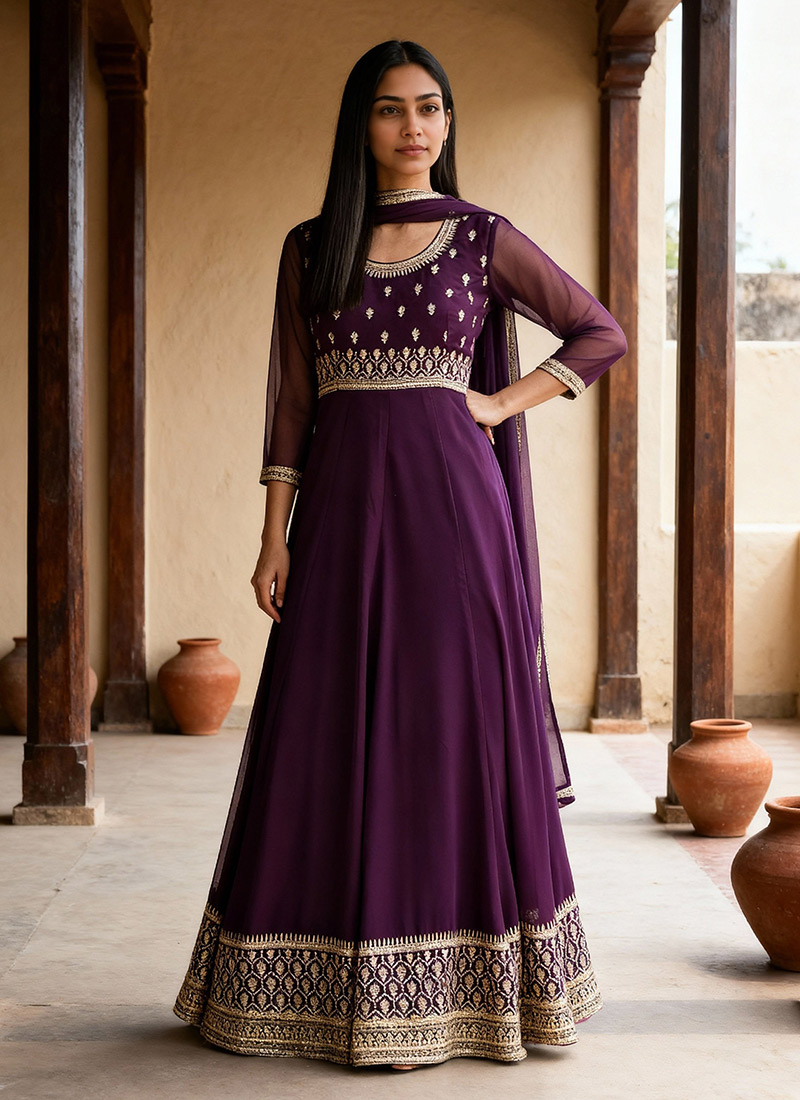 Off white faux georgette zari embroidered